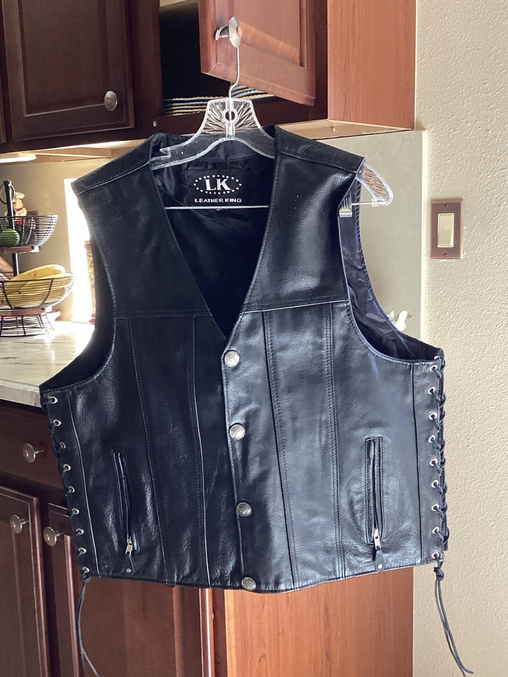Leather King Men's Black Leather Vest with Side Lace-Up